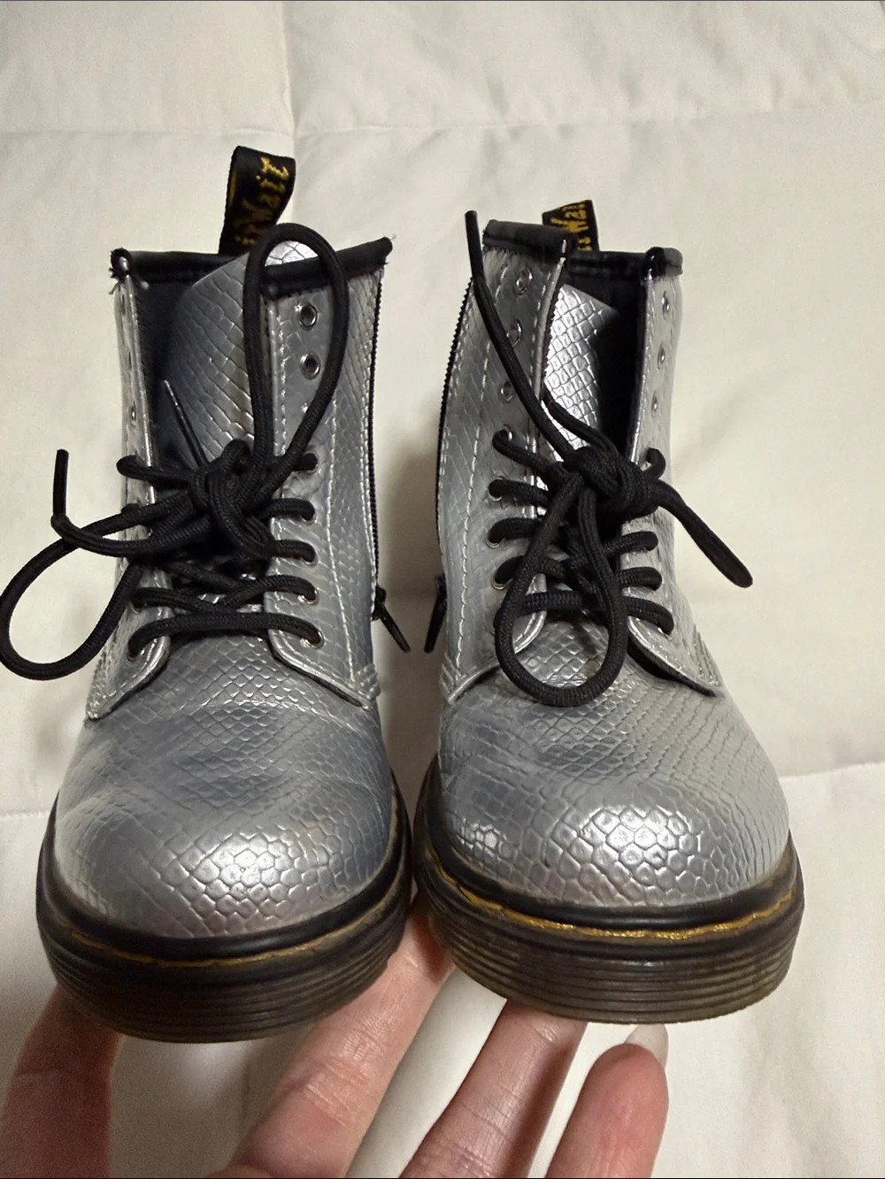 Dr. Martens Silver Snake-Embossed Kids Lace-Up Boots